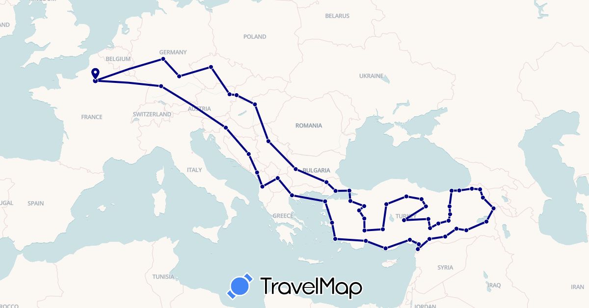 TravelMap itinerary: driving in Albania, Austria, Bosnia and Herzegovina, Bulgaria, Czech Republic, Germany, France, Greece, Croatia, Hungary, Montenegro, Macedonia, Serbia, Slovakia, Turkey (Asia, Europe)